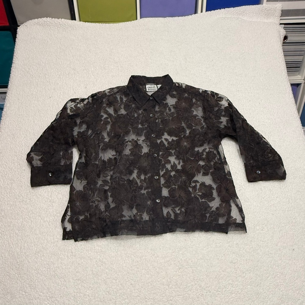 Chicos Design Womens Size 2 Black Sheer Floral Lace Button Up Blouse Shirt